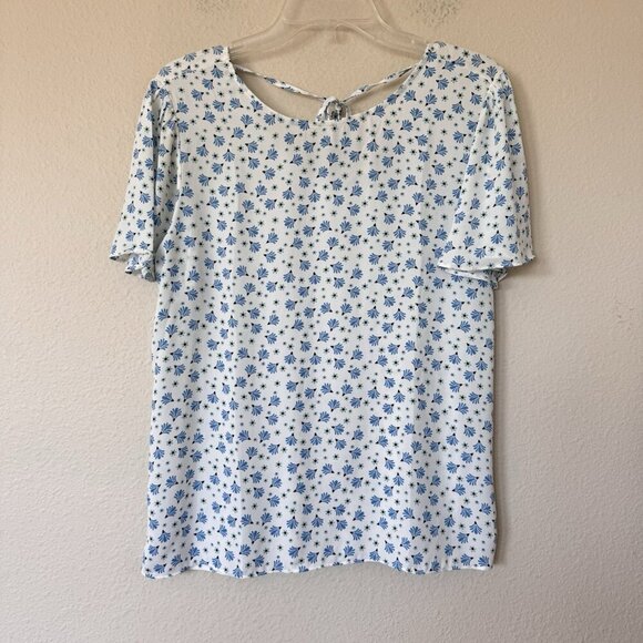 Loft Floral Short Sleeve Blouse Flutter Sleeve V Back withTie Womens Size Small - Picture 1 of 7